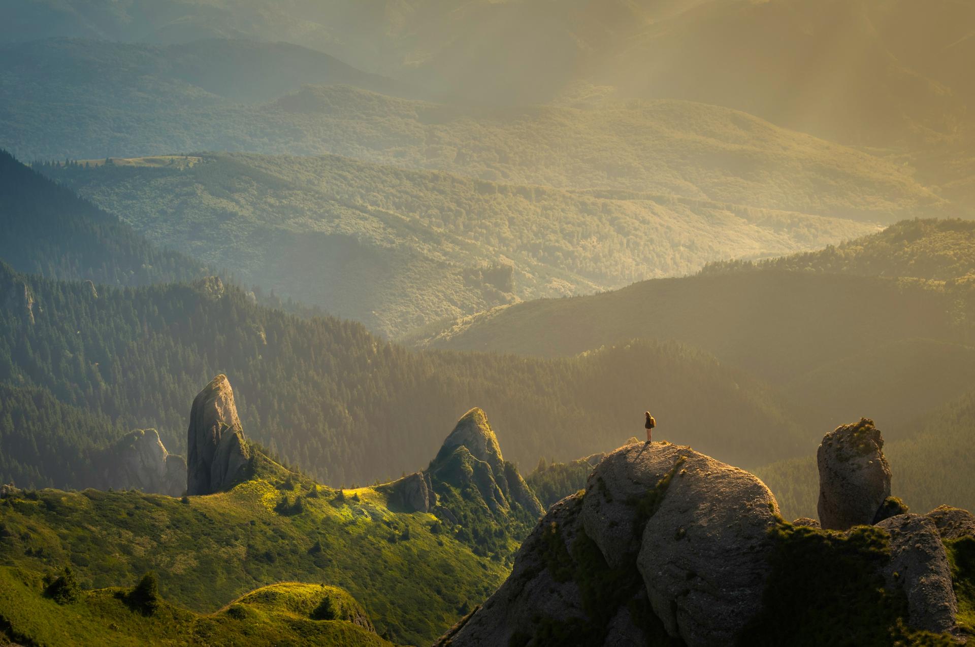 Green valley with hiker on top of a rock.